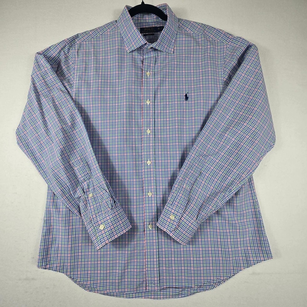 Polo Ralph Lauren Button Down Mens XL Blue Plaid Slim Fit‎ Long Sleeve (T6)